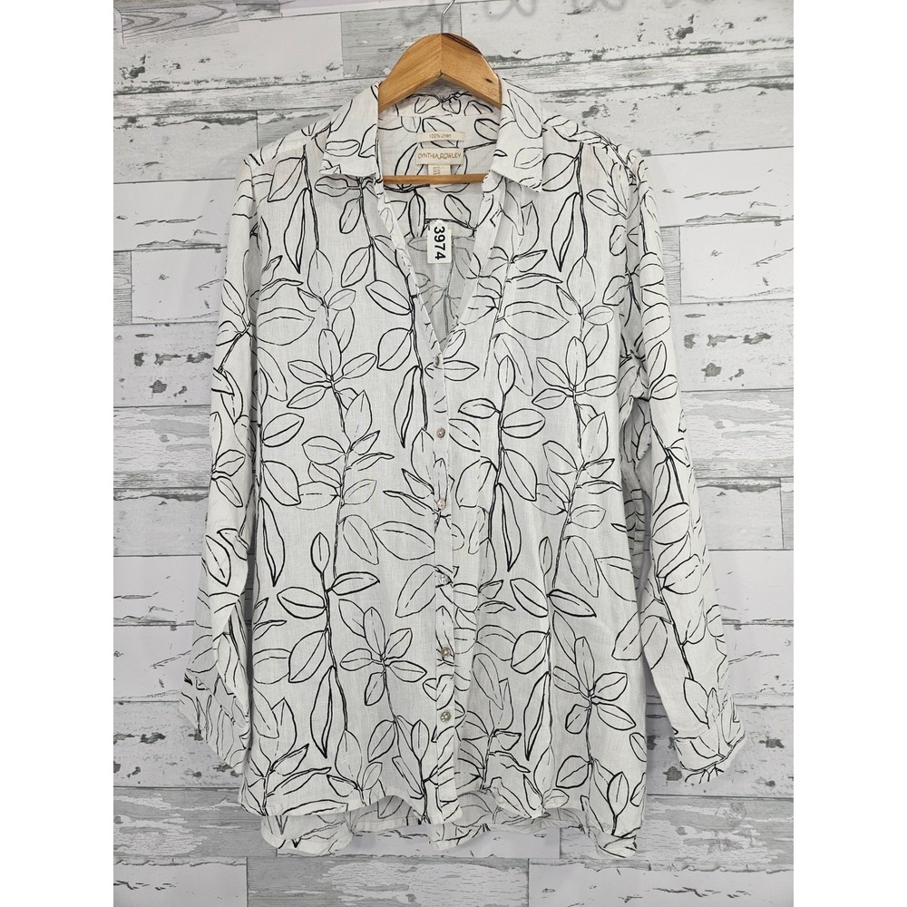 Cynthia Rowley Womens XL Linen Button Down Shirt White Black Leaf Print Long Slv